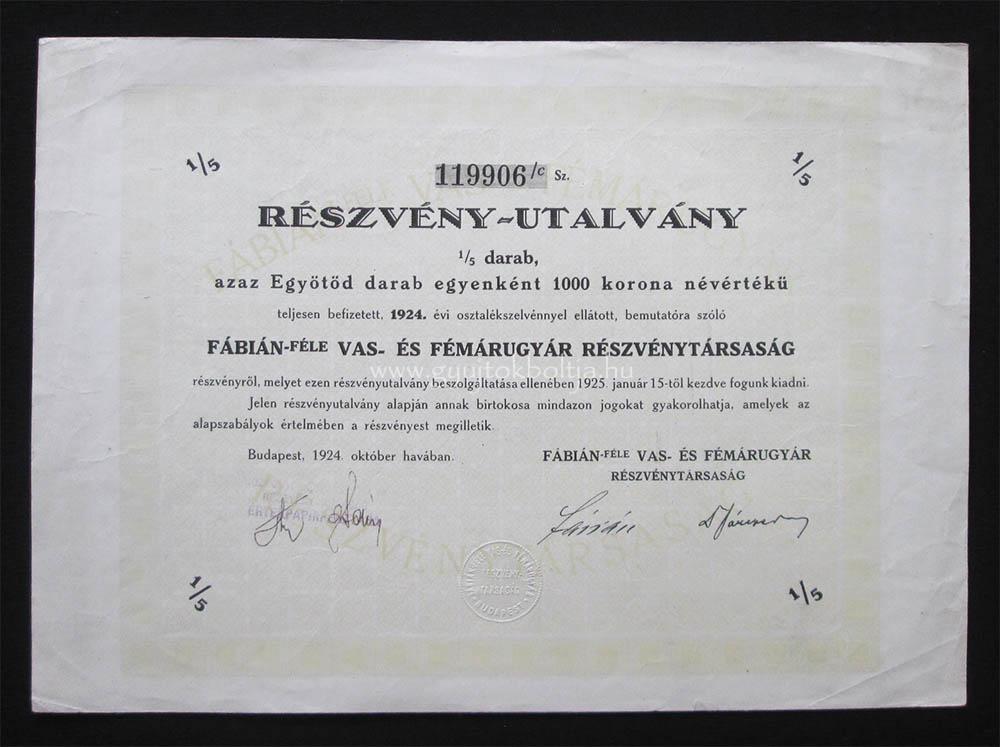Fábián-féle Vas- és Fémárugyár Rt. részvényutalvány 1000 korona 1924